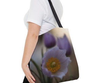 Durable Canvas Two Strap Shoulder Bag with Pasqueflower Photo Print, Wildflower Graphic Market Tote, South Dakota State Flower Carry All