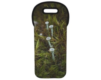 Mushroom Moss Neoprene Wine Tote, Cottagecore Bottle Cozy