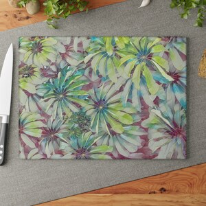 Glass Cutting Board with Bright Tropical Foliage Print available in Two Sizes, Unique Hostess, Wedding or Housewarming Gift