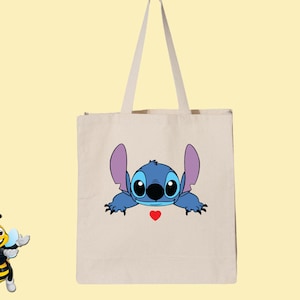 Stitch with Heart, Disney Lilo and Stitch, Canvas Cotton Tote Shopping Bags, Reusable Washable, Handbag, Shoulder Bag
