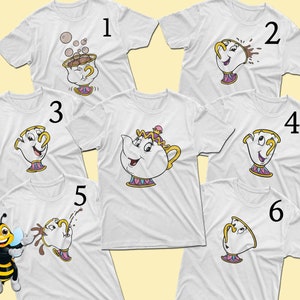 May include: Six white t-shirts with different images of the character Chip from Beauty and the Beast. Each shirt has a number from 1 to 6 printed on it.