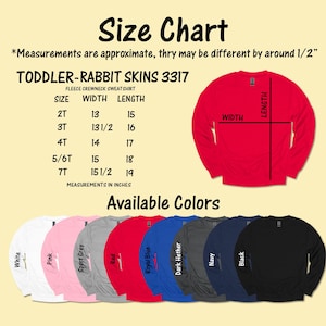 May include: Size chart for a toddler fleece crewneck sweatshirt, with measurements in inches. Available colors include white, pink, sport grey, red, royal blue, dark heather, navy, and black. The chart shows sizes 2T to 7T.