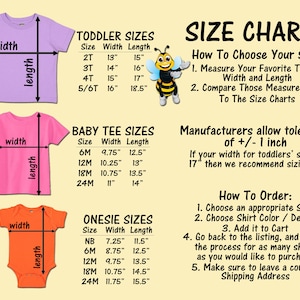 Puede incluir: Tabla de tallas para ropa de beb&eacute;, ni&ntilde;o peque&ntilde;o y mono. La tabla muestra las medidas de ancho y largo en pulgadas para cada talla. La tabla tambi&eacute;n incluye instrucciones sobre c&oacute;mo elegir la talla correcta y c&oacute;mo hacer el pedido.