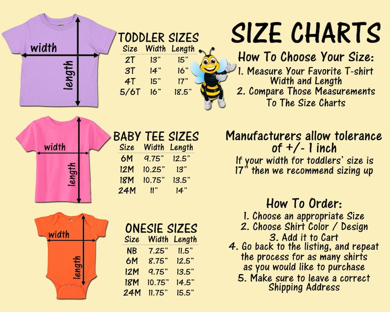 Puede incluir: Tabla de tallas para ropa de beb&eacute;, ni&ntilde;o peque&ntilde;o y mono. La tabla muestra las medidas de ancho y largo en pulgadas para cada talla. La tabla tambi&eacute;n incluye instrucciones sobre c&oacute;mo elegir la talla correcta y c&oacute;mo hacer el pedido.