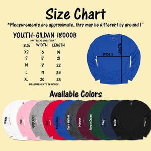 May include: Size chart for a youth Gildan 18000B heavy blend sweatshirt. The chart shows measurements in inches for sizes XS to XL. Available colors include white, pink, sport grey, red, royal blue, dark heather, maroon, forest green, navy, and black.