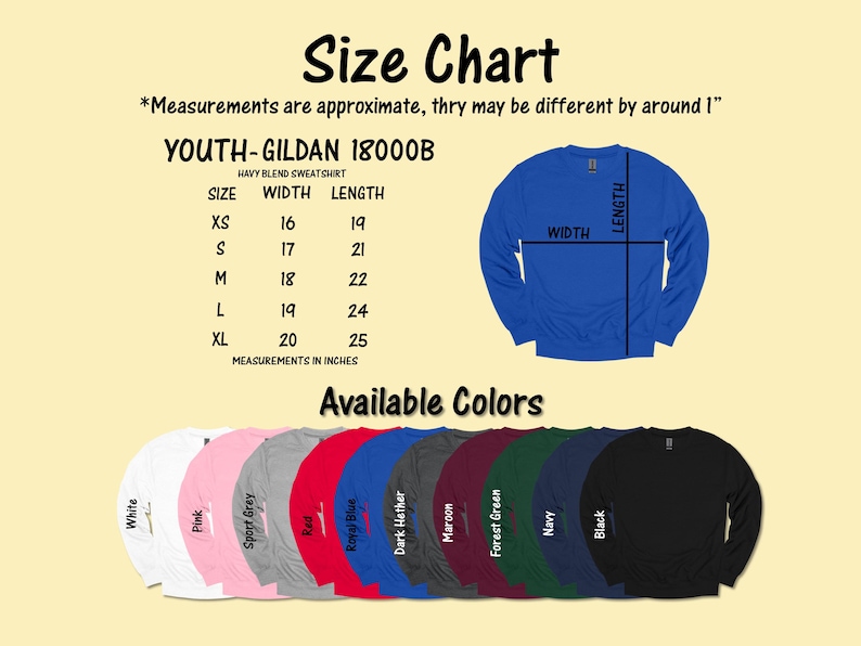 May include: Size chart for a youth Gildan 18000B heavy blend sweatshirt. The chart shows measurements in inches for sizes XS to XL. Available colors include white, pink, sport grey, red, royal blue, dark heather, maroon, forest green, navy, and black.