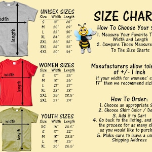 Puede incluir: Tabla de tallas para camisetas unisex, de mujer y de ni&ntilde;o. La tabla muestra las medidas de ancho y largo en pulgadas para cada talla. La tabla tambi&eacute;n incluye instrucciones sobre c&oacute;mo elegir la talla correcta y c&oacute;mo hacer un pedido.