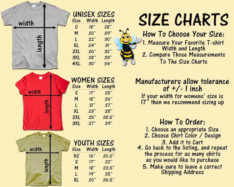 Puede incluir: Tabla de tallas para camisetas unisex, de mujer y de ni&ntilde;o. La tabla muestra las medidas de ancho y largo en pulgadas para cada talla. La tabla tambi&eacute;n incluye instrucciones sobre c&oacute;mo elegir la talla correcta y c&oacute;mo hacer un pedido.