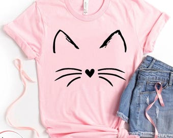 Cute Cat Shirt, Kitten Tee, Kitty T-Shirt, Animal Lover Kids Tees, I Love Cats, Funny Present Gift, Whiskers Face, Cat Mom Cute T Shirt