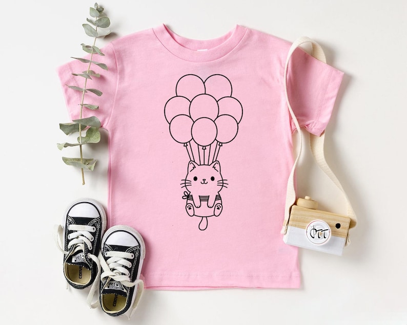 Cat Shirt, Kitten Kitty T-Shirt, Cute Balloon Cat Animal Lover Kids Tees, I Love Cats, Funny Present Gift, Whiskers Face, Cat Mom Cute Shirt