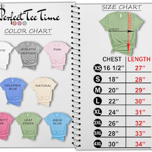 May include: A page from a notebook displays a color chart and size chart for t-shirts. The color chart shows t-shirts in white, heather gray, pink, blue, natural, green, and aqua. The size chart lists chest and length measurements in inches.