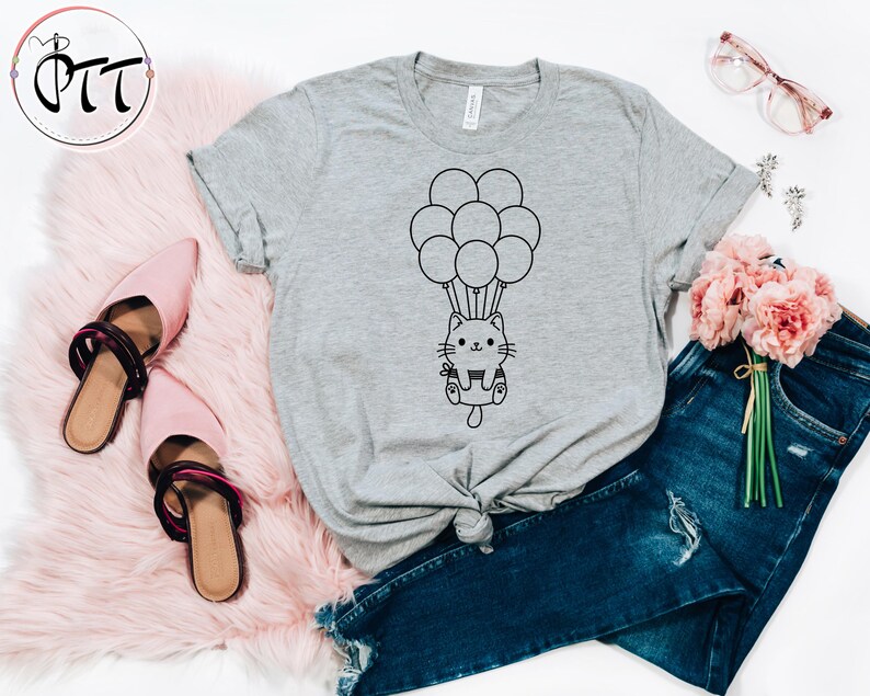 Cat Shirt, Kitten Kitty T-Shirt, Cute Balloon Cat Animal Lover Kids Tees, I Love Cats, Funny Present Gift, Whiskers Face, Cat Mom Cute Shirt