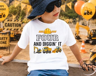 Construction Crew Matching Shirts, Four and Diggin' it Shirt Personalized Kids 4th Birthday Party Excavator Toddler Tee, Bday Boy Dump Truck
