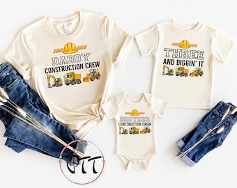 Construction Crew Matching Shirts, Three and Diggin' it Shirt, Personalized Kids Birthday Party Excavator Toddler Tee, Bday Boy, Dump Truck