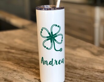 St Patricks Day Stethoscope Nurse Tumbler Shamrock Nurse Stainless Steel Cup Personalized Nurse Gift Tumbler St Paddys Day Tumbler