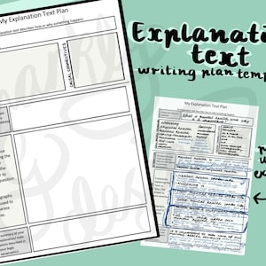 以下が含まれることがあります： 「My Explanation Text Plan」というタイトルの白黒の印刷可能なワークシートで、説明文の計画を立てるためのセクションがあります。ワークシートは、導入、本文の段落、結論、因果関係の接続詞のセクションに分かれています。このワークシートは、生徒が説明文を計画して書くのを支援するために設計されています。