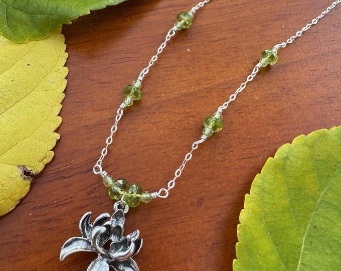 Featured listing image: Green Peridot Beauty - Handcrafted Lotus Necklace in Sterling Silver