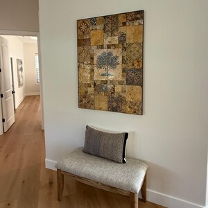 Customized Travertine Olive Tree Wall Art, Rustic Earth Tone Mosaic, Distressed Antique Tiles, Handcrafted Statement Piece