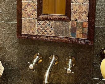 Rustic Travertine Bathroom Mirror, Handmade Boho Spa Vanity Decor