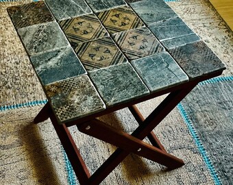Blue Bohemian Folding Tile Side Table for Narrow Patio or Porch, 5th Anniversary Gift