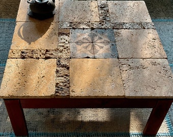 TRAVERTINE Stone COFFEE TABLE Perfect For Farmhouse Or Lanai Décor – Marble Tiles With Pinewood Detachable Legs Coffee Table For Livingroom