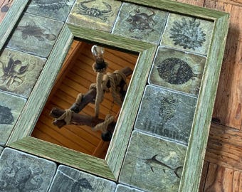 Seashell Tile Coastal Bath Mirror, Nautical Marine Art