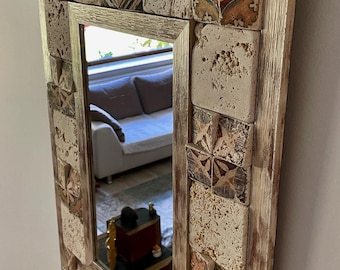 Irregular Travertine Mirror - Handmade Rustic Boho Wall Decor, Aesthetic Room Decor, Natural Stone, Housewarming Gift