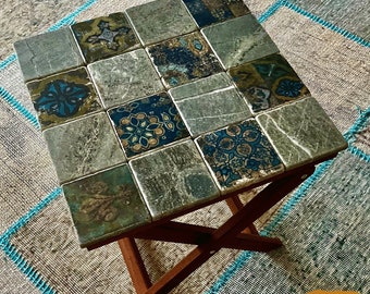 bohemian end table for drinks, travertine tile folding table for narrow room, 5th anniversary gift for wife, blue boho side table for patio