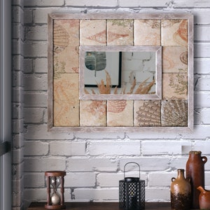 Coastal Shell Mirror - Handmade Travertine Bathroom Vanity Decor, Rustic Nautical Wall Art, Beach House Accent, Ocean Shell Decor