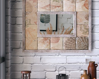 Coastal Shell Mirror - Handmade Travertine Bathroom Vanity Decor, Rustic Nautical Wall Art, Beach House Accent, Ocean Shell Decor