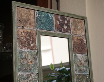 Bohemian mirror, Art deco wall mirror, Tile mirror, Travertine stone tile mirror, Small wall mirror