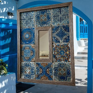 Elegant Blue Mandala Mirror, Handmade Ceramic Turkish Wall Art, Mediterranean Boho Bathroom Mirror, Grand Entryway Mirror