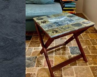 nautical tile folding table for narrow room, coastal decor beach house gift, travertine tile end table for drinks, 5th anniversary gift for