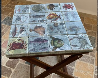 tile top table, RV folding table wood, small space furniture, coastal decor beach house gift, end tables for living room, new home gift for