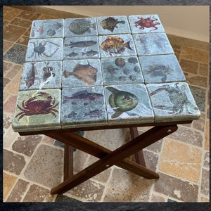 Folding Wooden Table with Marble Tile Top, Coastal Nautical Decor, Small Space Furniture, Beach House & New Home Gift