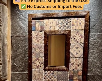 Travertine Tile Mirror, Handmade Turkish Mosaic Wall Decor, Rustic Boho Bathroom Vanity, Natural Stone Frame, Entryway Statement
