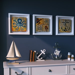 Set of Three | Framed Ocean Tiles | Sea Wall Décor | Ocean Themed Bathroom | Vintage Tile Art | Stone Tile Décor | Vintage Wall Décor