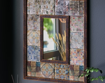 Marble Wall Mirror, Handmade Mosaic Tile, Organic Modern Cream Decor, Crema Marfil Natural Stone, Statement Vanity Mirror