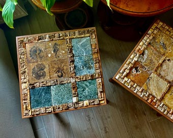 Handmade Travertine Mosaic Dining Table, Moroccan Style, Black Wood Frame