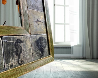 Coastal Travertine Mirror – Ocean Inspired Wall Decor, Nautical Bathroom, Rustic Anniversary Gift