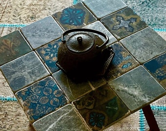 Ceramic Tile Table Blue Green, Handmade Mediterranean Accent