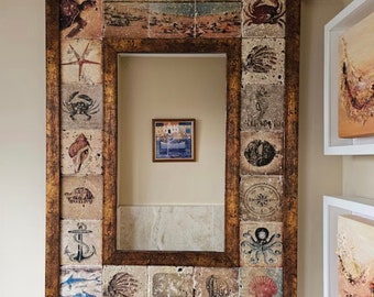 Coastal Mirror, Travertine Tile Bathroom Decor, Beach House Wall Mirror, Nautical Mosaic Vanity, Handmade Stone Frame Turkey