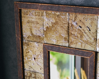 Vintage Travertine Map Mirror - Anniversary Gift, Entryway Decor, Modern Rustic Home Accent