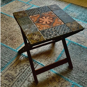 Handcrafted Coffee Table, Antique Foldable Table, Talavera Tile Table, Tile Side Table, Rustic Table, Wooden Side Table, Bed Side Table