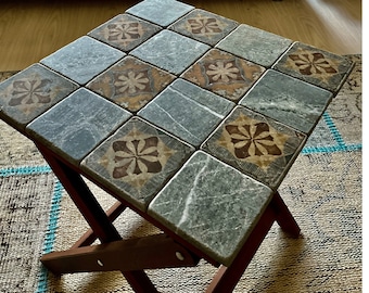 Travertine Tile Side Table – Rustic Folding Wood, Vintage Living Room Accent, 5th Anniversary Gift