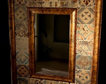 Boho Rustic Vanity Mirror, Handmade Mosaic Stone Frame, Entryway Wall Decor, Custom Size Mirror, Rustic Bohemian Home Accent