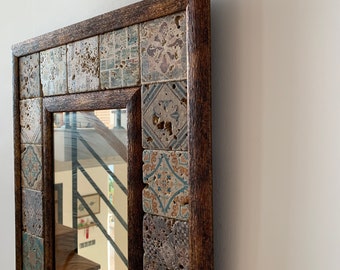 Turkish Tile Mirror, Handmade Travertine Stone, Boho Mosaic Wall Decor, Rustic Bathroom Vanity, Entryway, Housewarming Gift