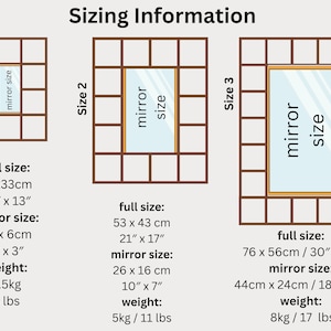 May include: Diagram showing three sizes of framed mirrors with dimensions and weight information in both inches and centimeters. The mirror sizes are 7" x 3", 10" x 7", and 18" x 10".