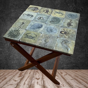 ocean tile side table for porch, RV folding table wood, small space furniture, rustic coastal decor beach house end table for living room