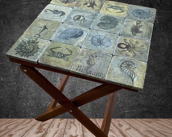 Ocean Tile Folding Side Table Coastal Wood Beach House RV Porch Small Space Decor